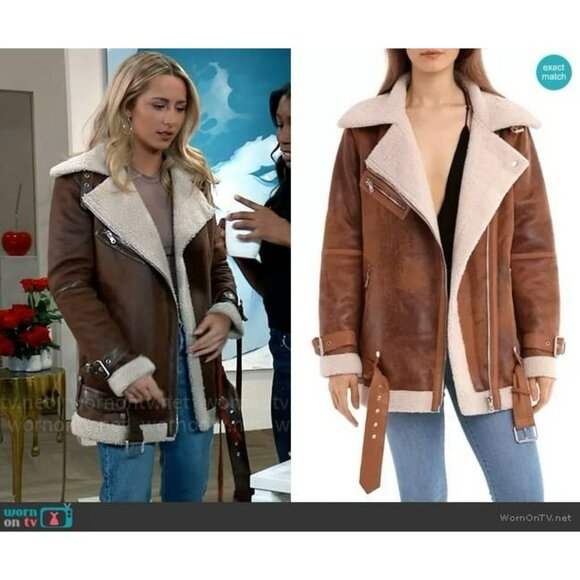 AVEC LES FILLES Coat Worn On TV Eden McCoy Camel Faux Shearling Jacket Moto XS - Picture 3 of 16
